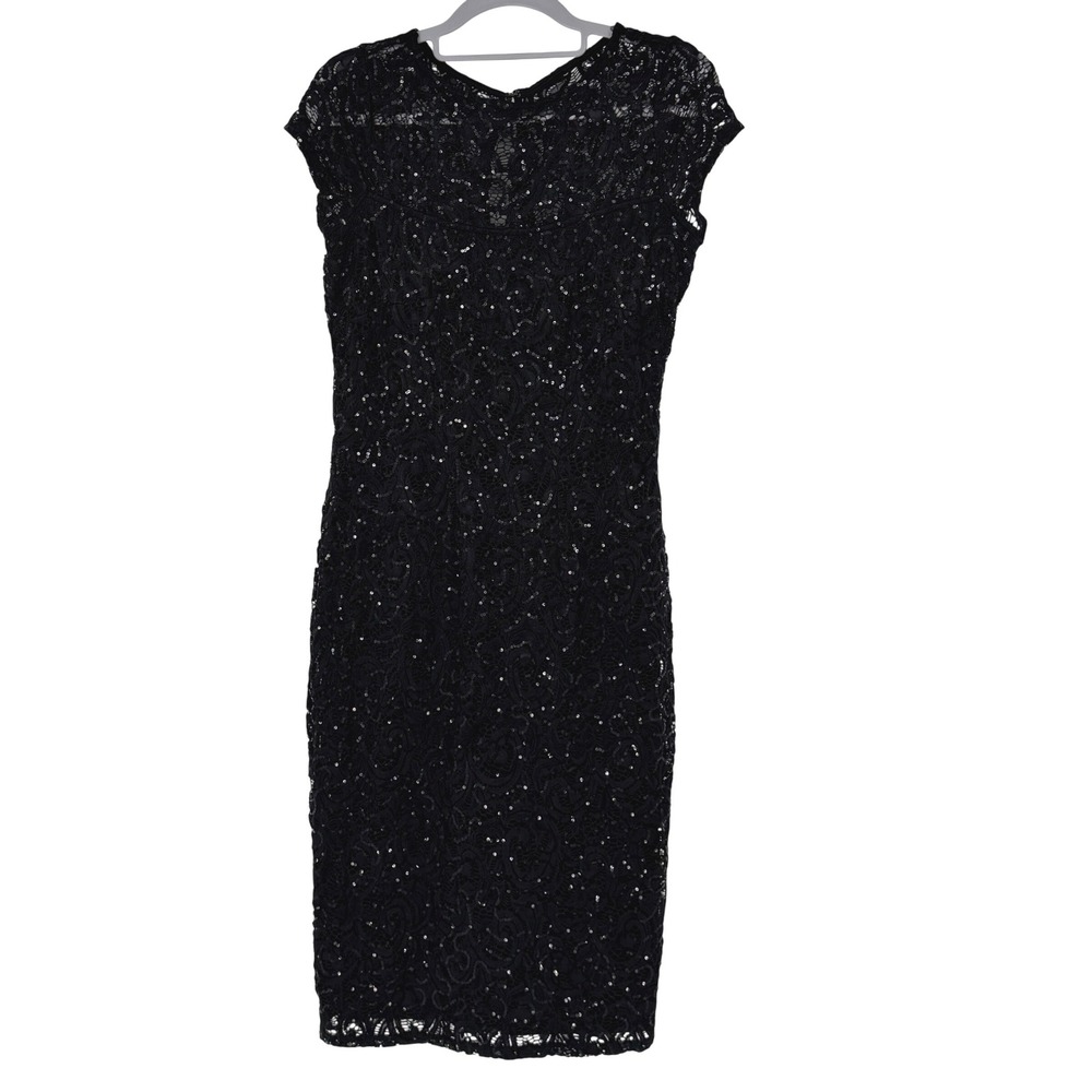 Marina Womens Black Sequin Lace Cap Sleeve Sheath Dress Size 4‎ LBD Cocktail